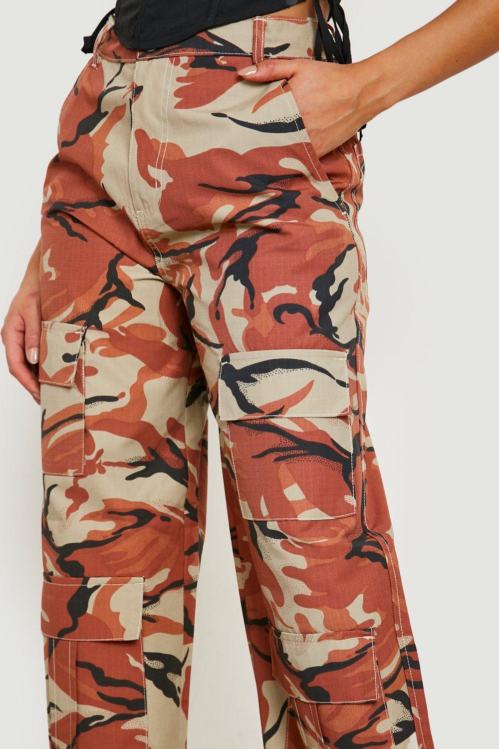 High Waisted Camo Print Cargo Pants