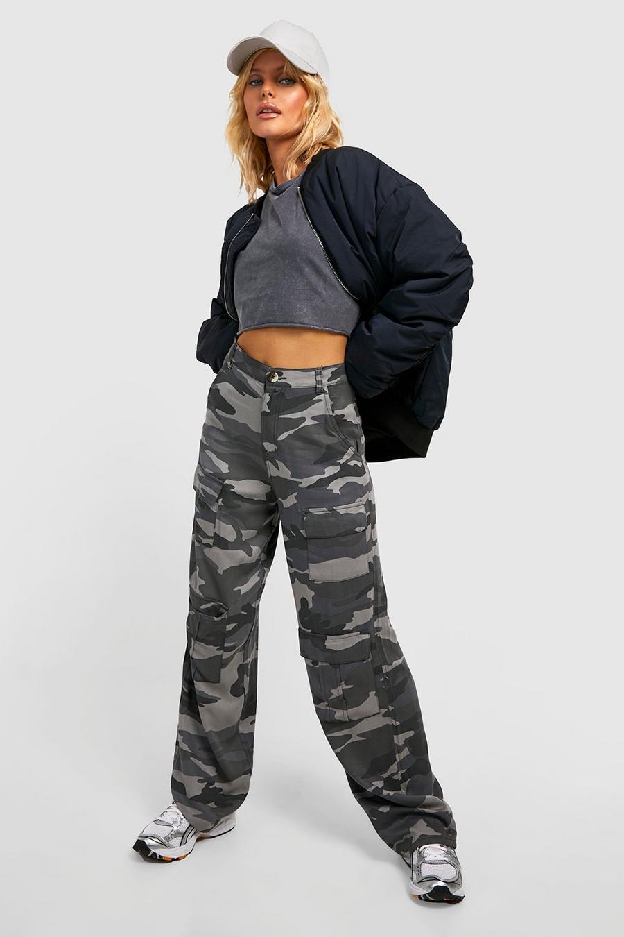 Grey Mid Rise Camo Cargo Trouser image number 1