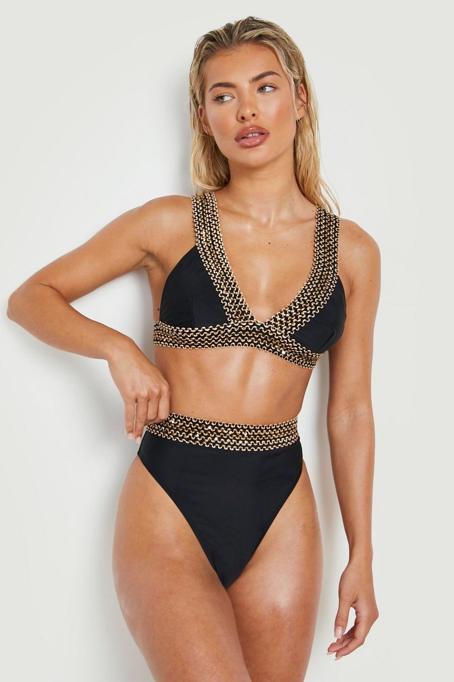 Top bikini decorato con scollo profondo e finiture, Black image number 1