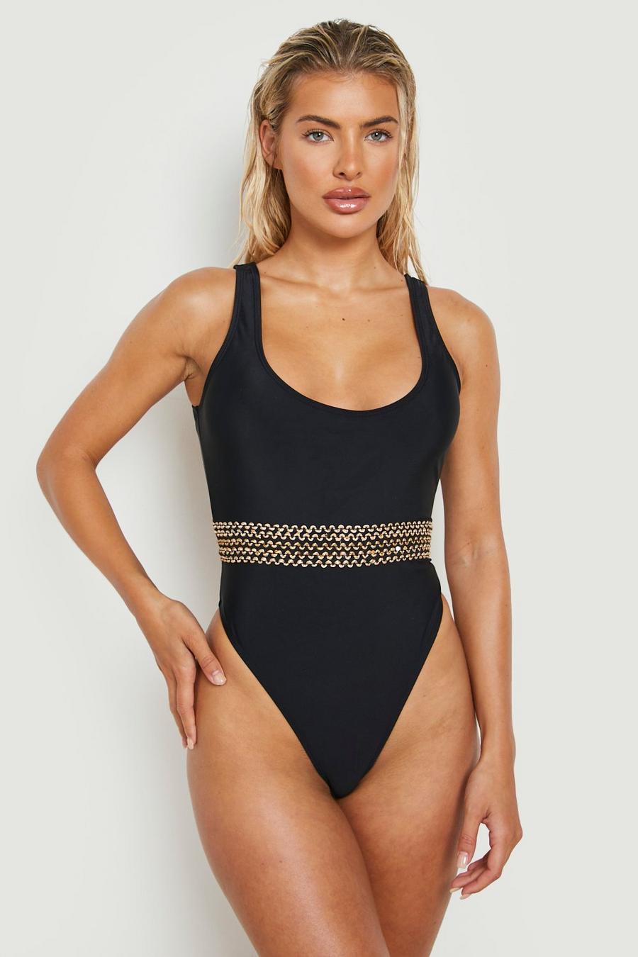 Black Embellished Trim Scoop Swimsuit image number 1