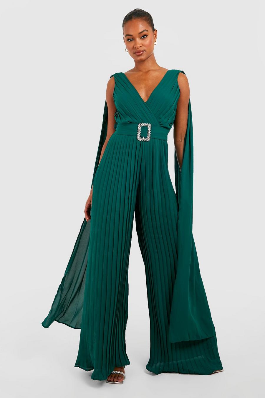 Emerald Tall Pleated Chiffon Cape Diamante Jumpsuit image number 1
