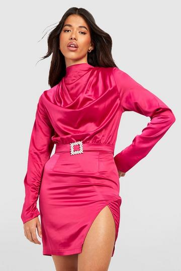Pink Tall Satin Shoulder Pad Rhinestone Buckle Dress
