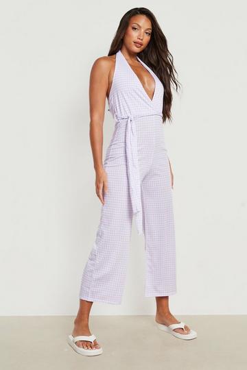 Lilac Purple Tall Belted Halter Culottes Jumpsuit