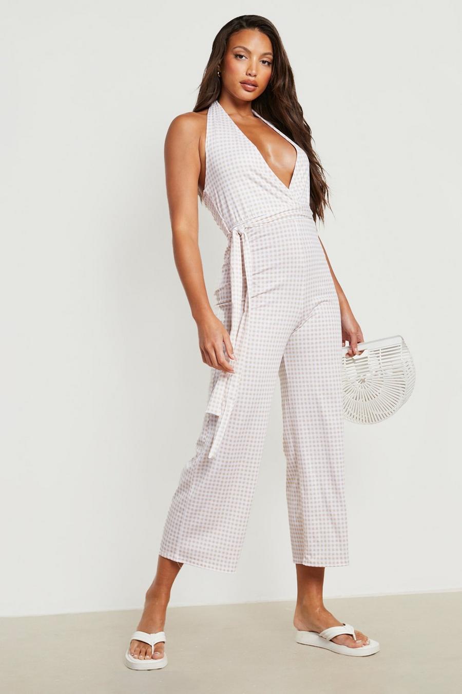 Stone Tall Belted Halter Neck Culottes Jumpsuit image number 1