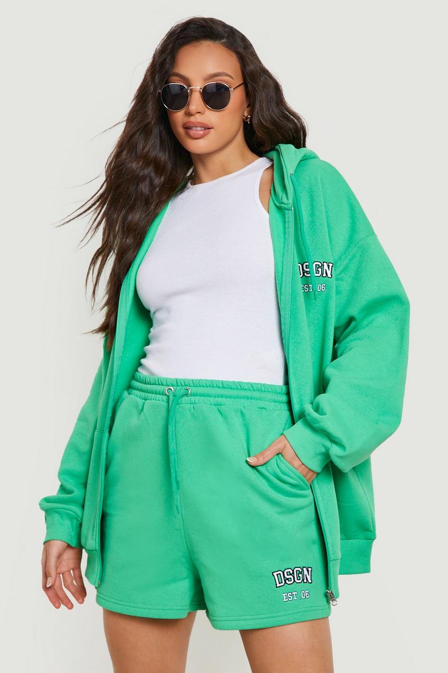 Green Tall Dsgn Zip Hoodie And Short Tracksuit