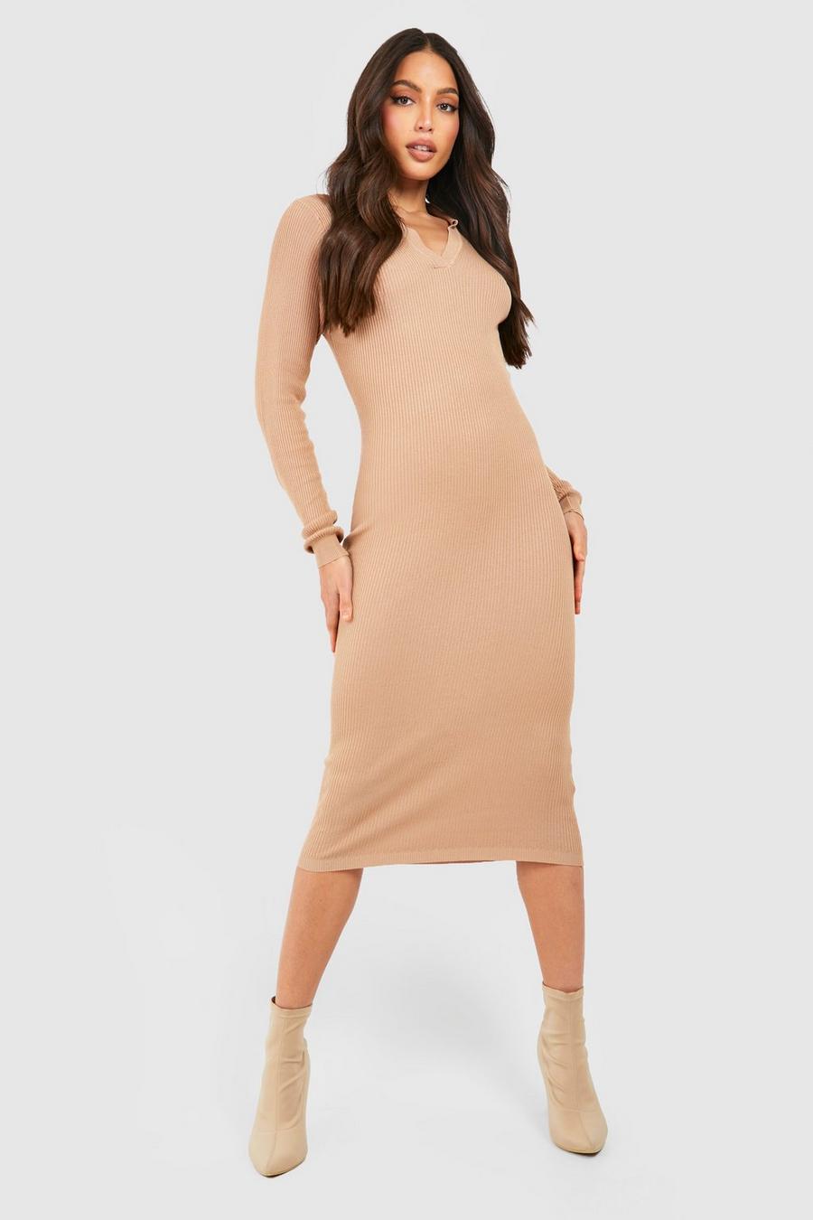 Camel Tall Rib Knitted Polo Collared Midi Dress image number 1