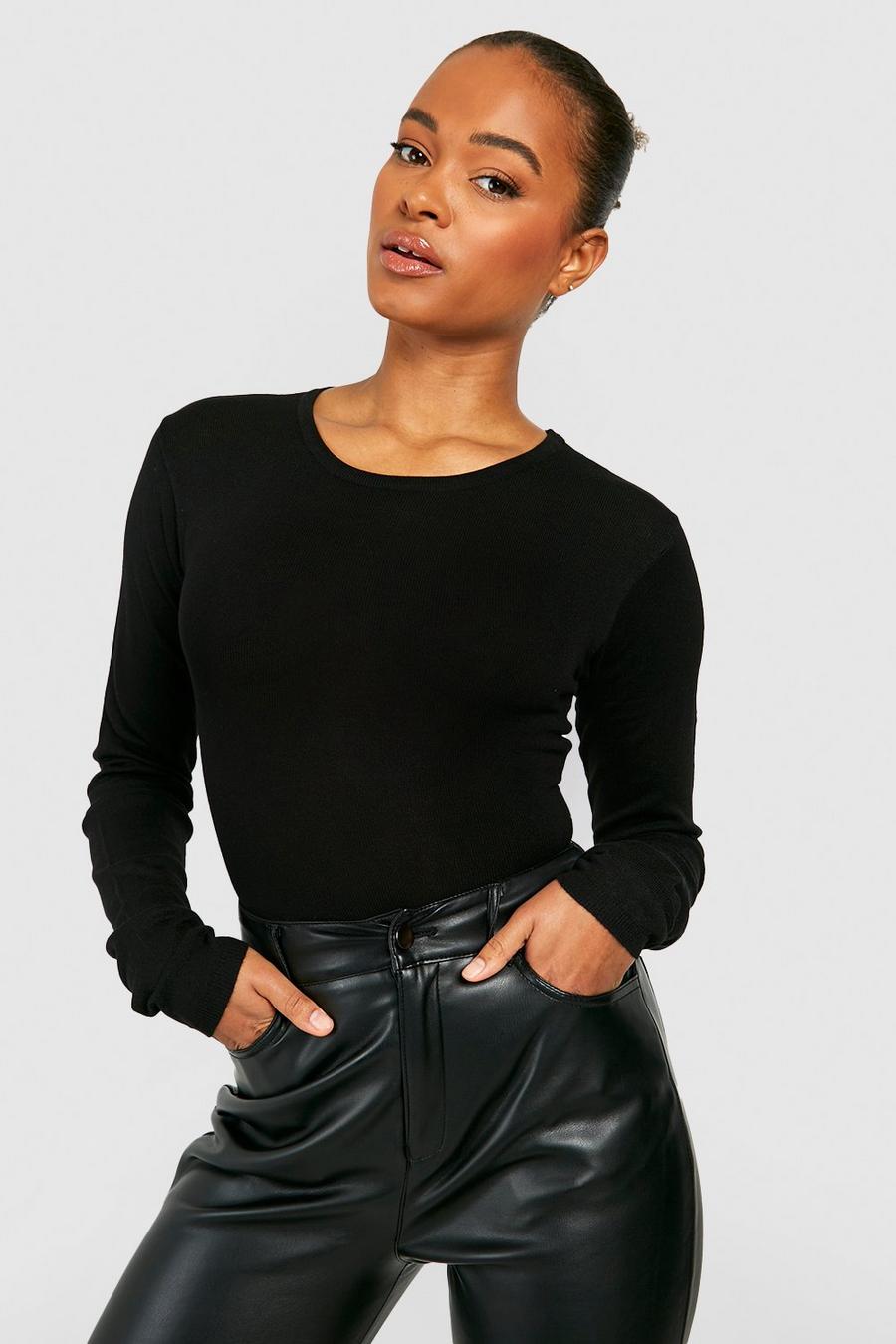 Black Tall Rib Knitted Crew Neck Bodysuit image number 1