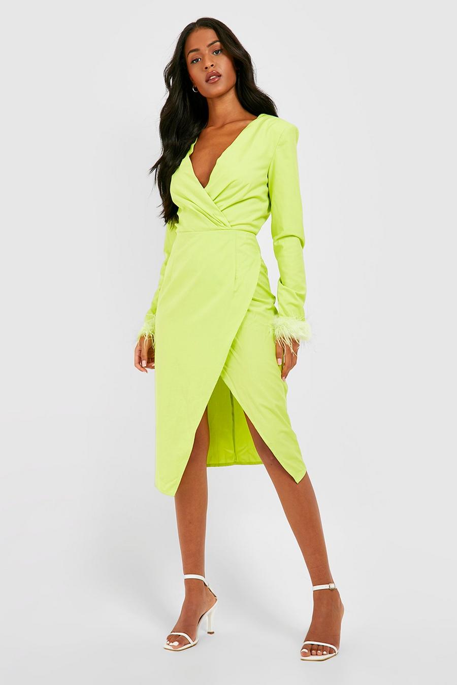 Lime verde Tall Satin Feather Detail Wrap Midi Dress image number 1