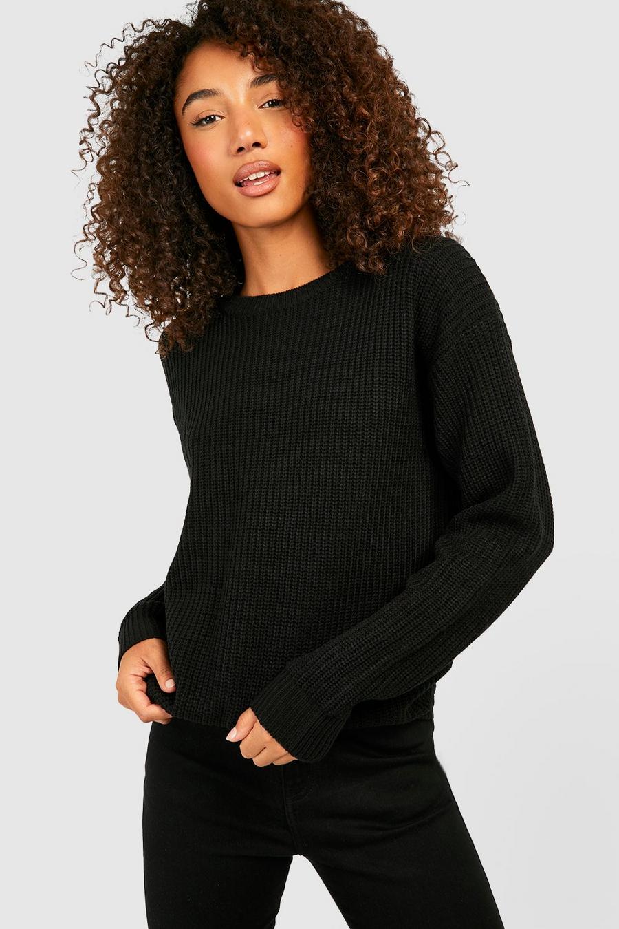 שחור סוודר סרוג עם צווארון עגול, לנשים גבוהות