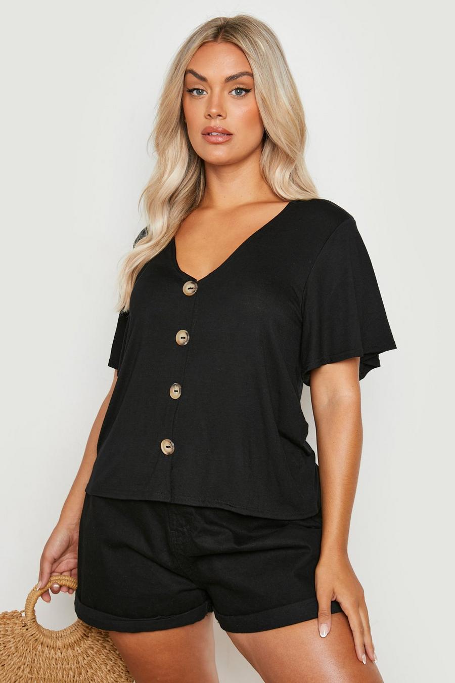 Black Plus Horn Button Angel Sleeve Blouse image number 1