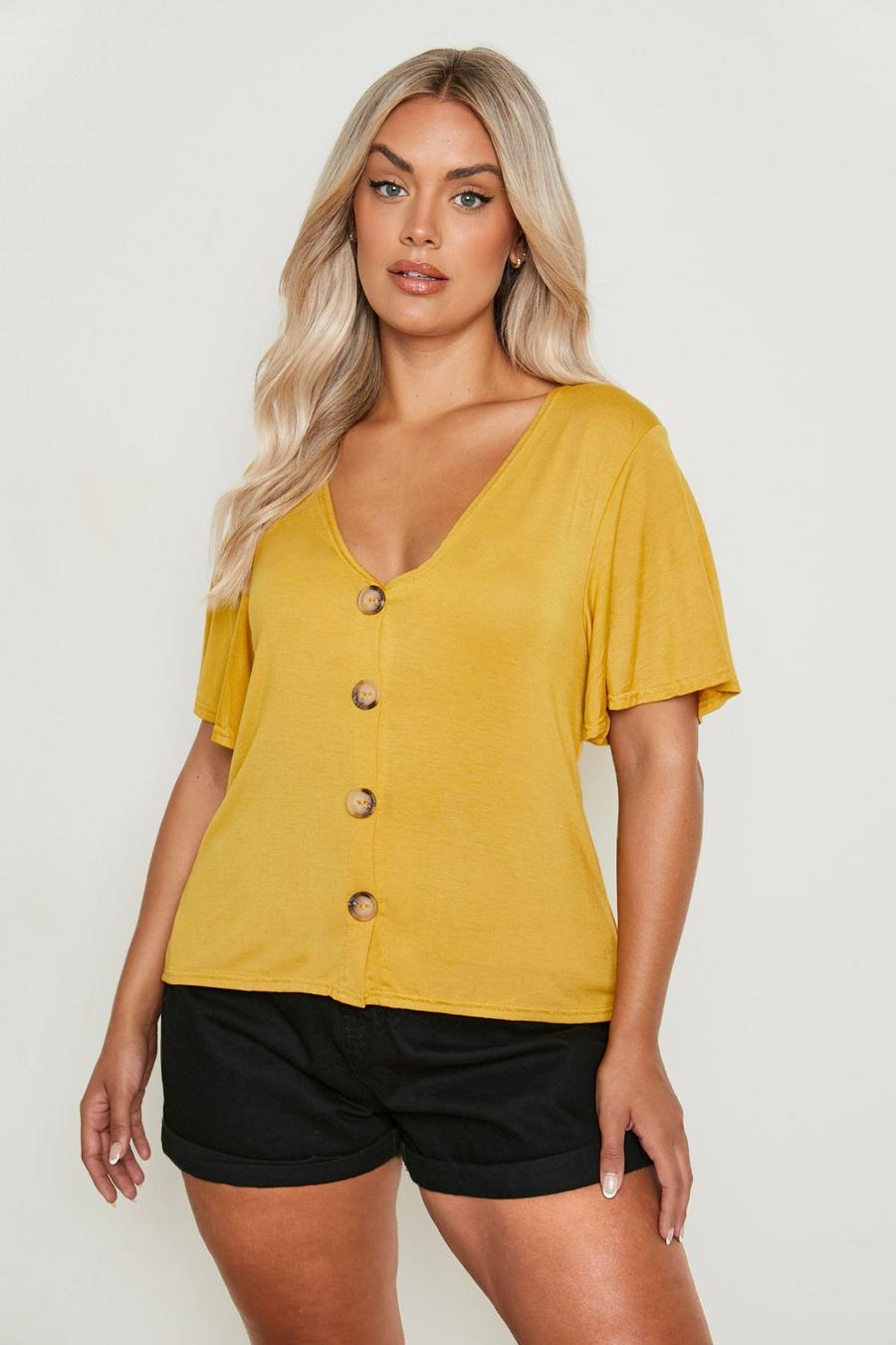 Mustard Plus Horn Button Angel Sleeve Blouse image number 1