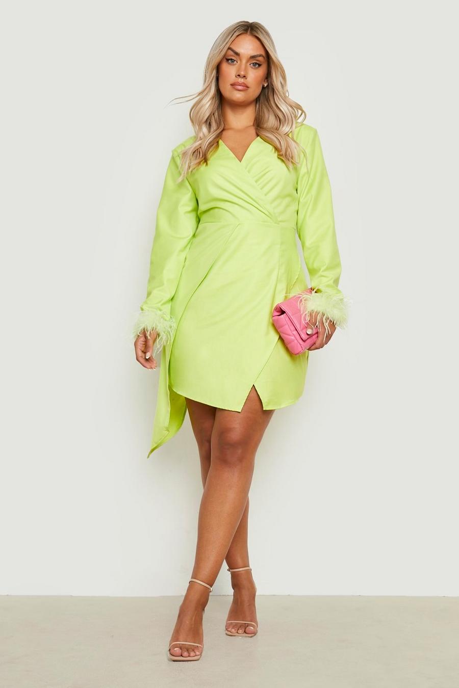 Lime vert Plus Satin Feather Detail Wrap Dress 