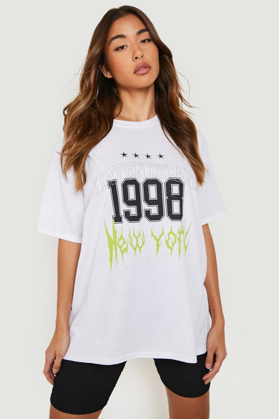 White Staten Island Printed Oversized T Shirt image number 1