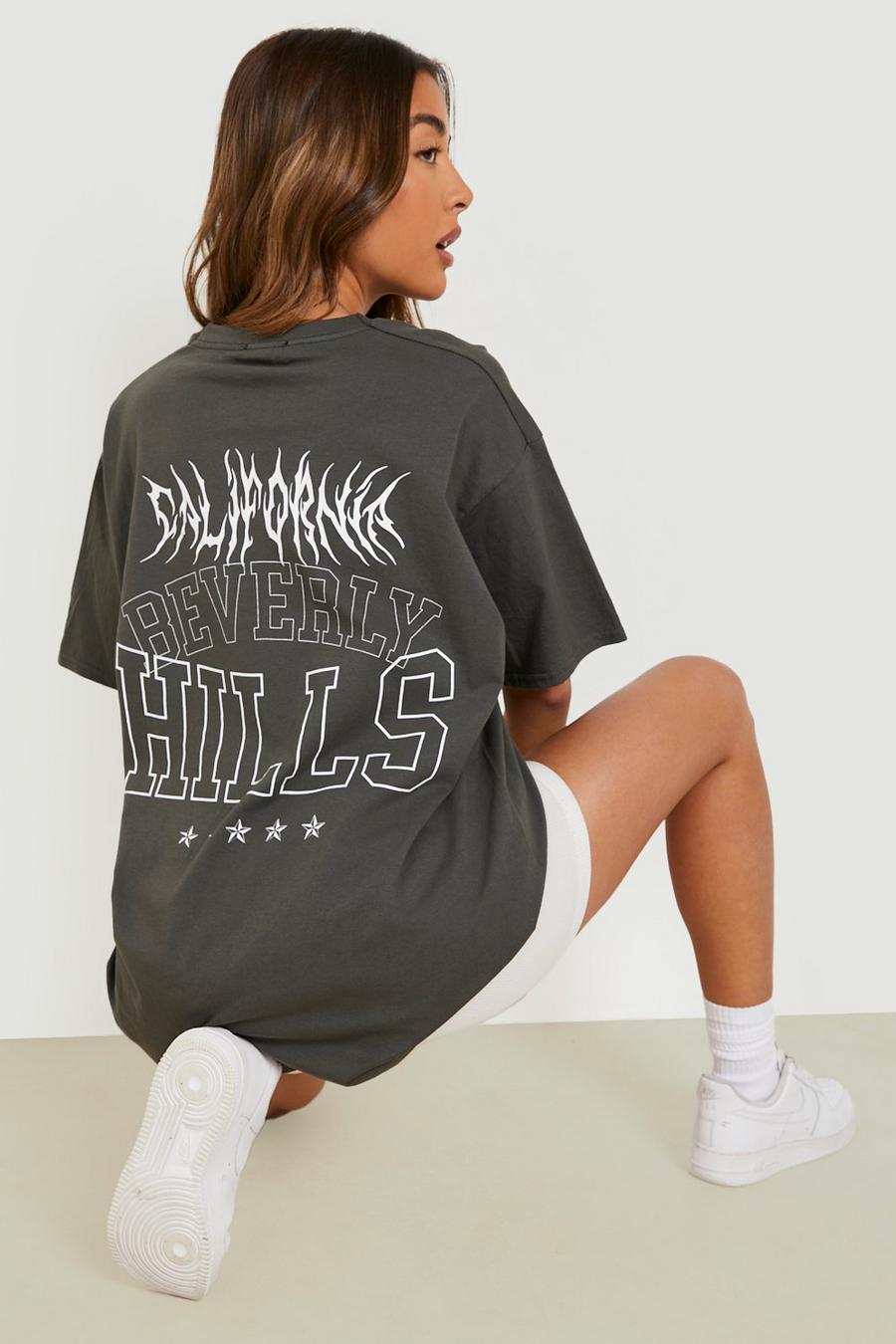 Charcoal grey Beverly Hills Back Print Oversized T Shirt
