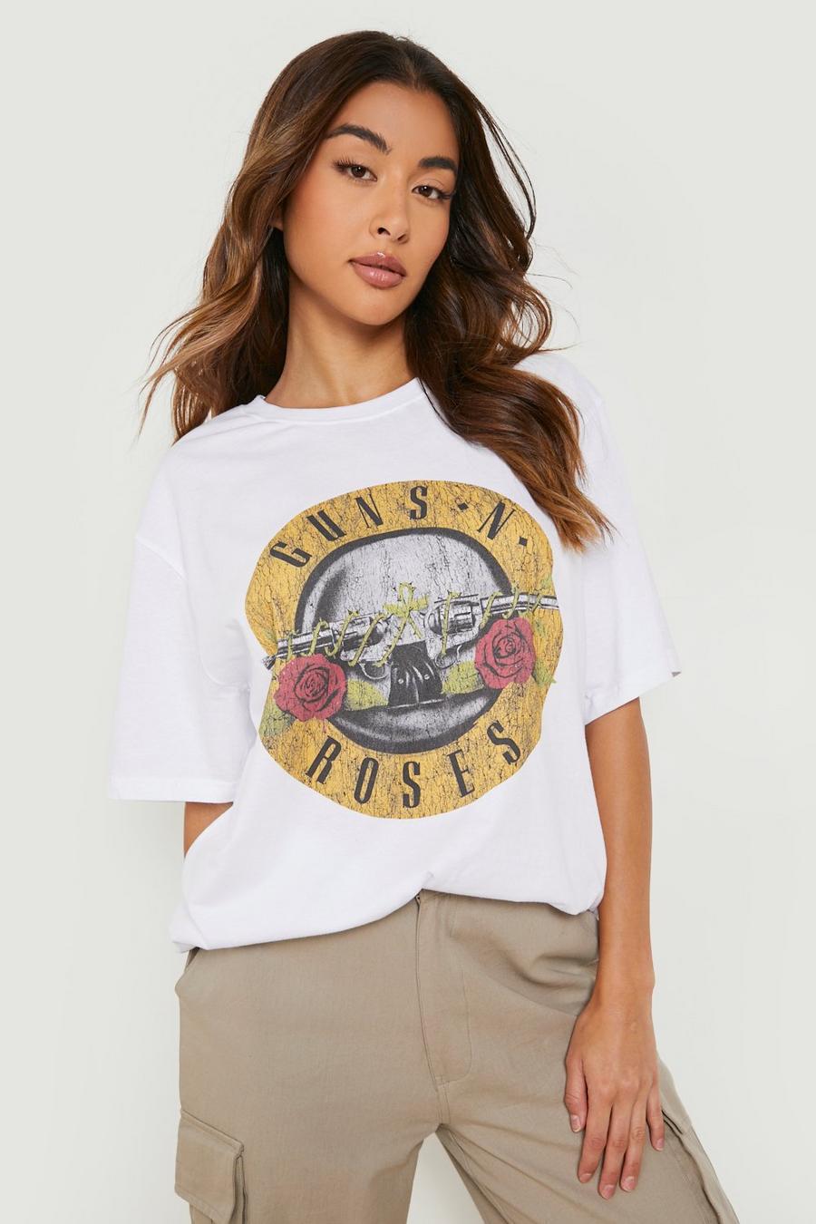 White Oversized Guns And Roses T-Shirt Met Print image number 1