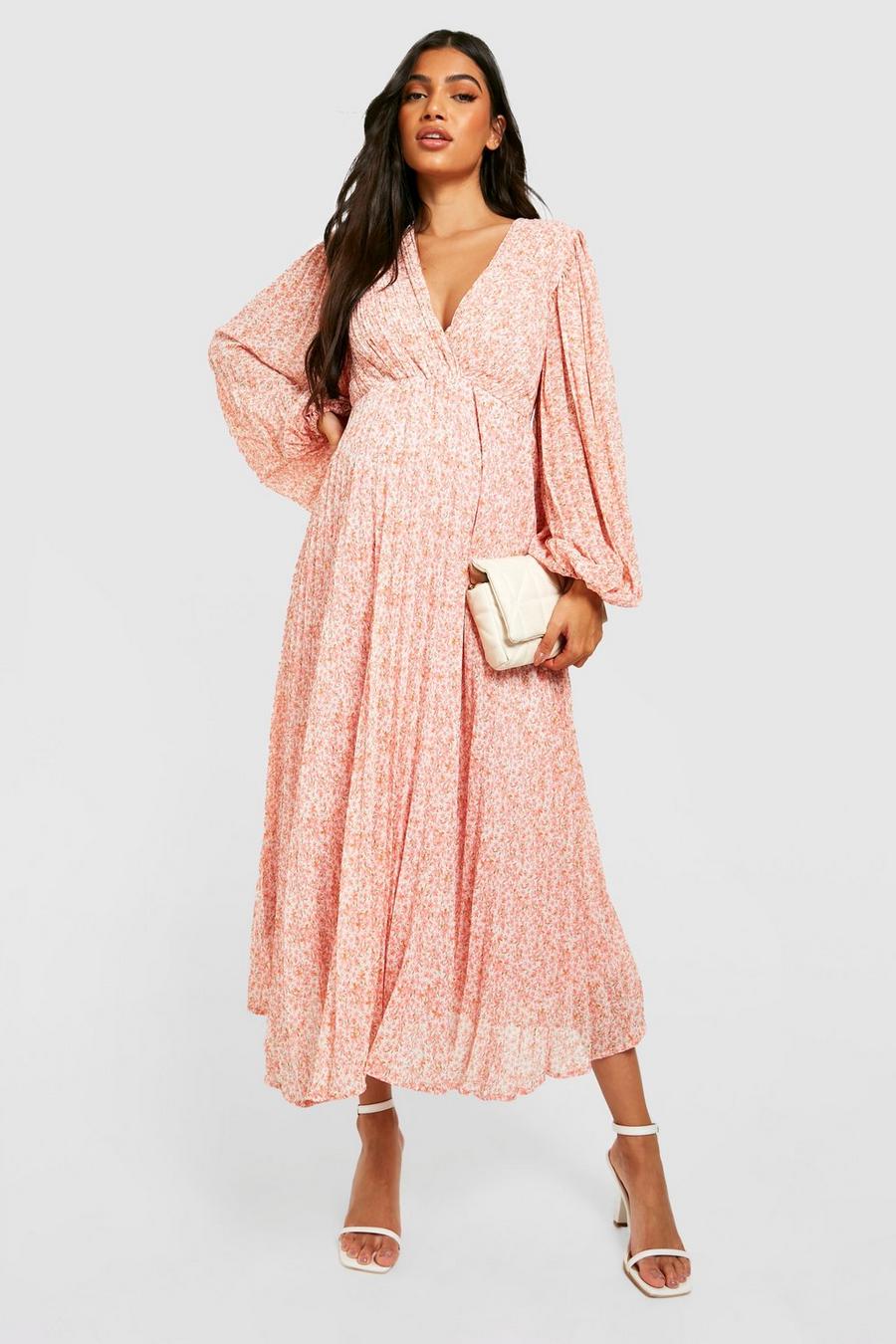Pink Maternity Floral Pleated Wrap Midi Dress image number 1