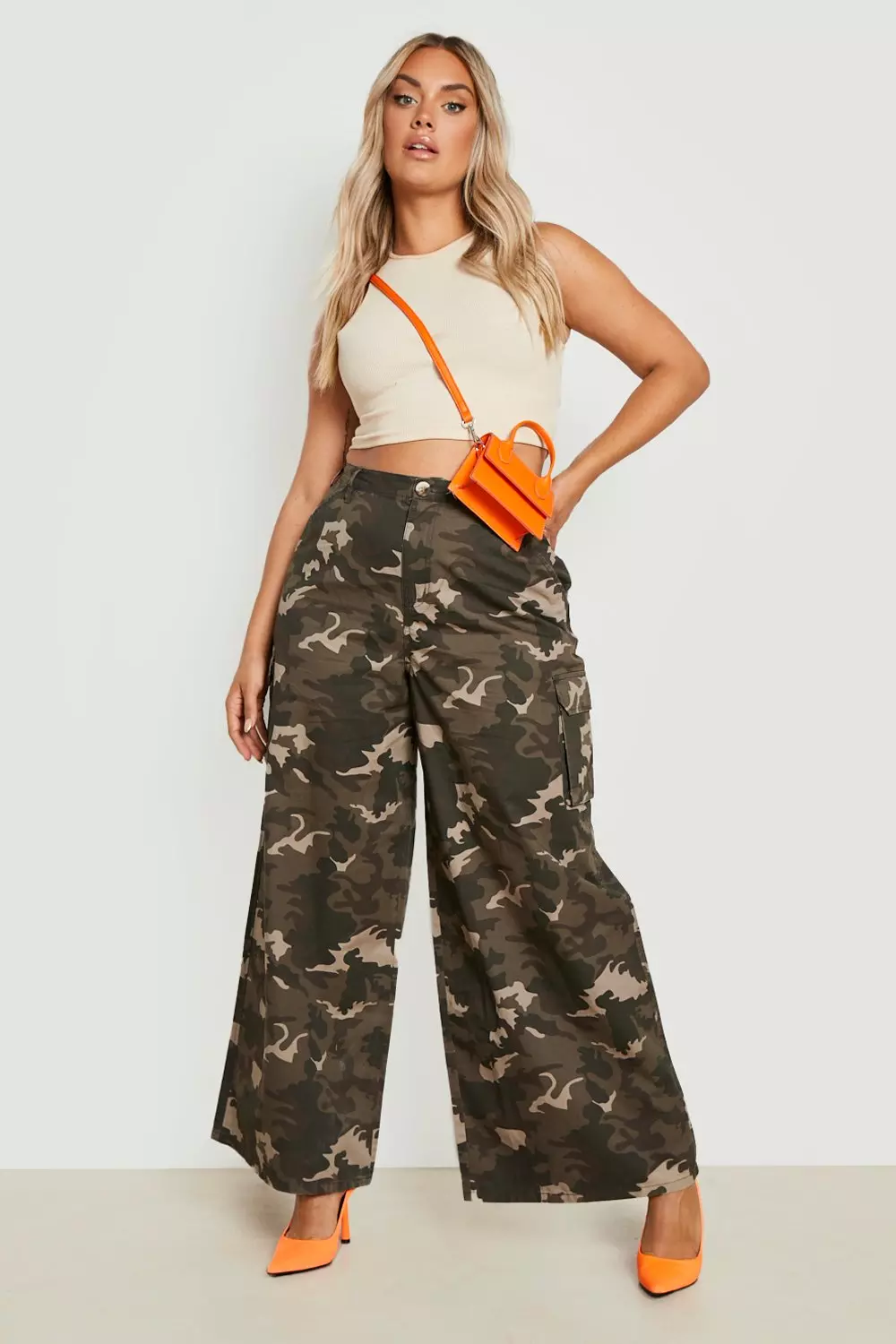 Plus Washed Camo Wide Leg Cargo Trousers