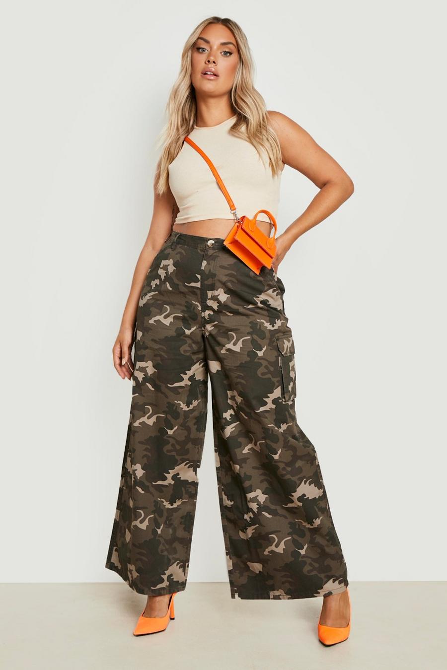 Grande taille - Pantalon cargo à imprimé camouflage, Khaki