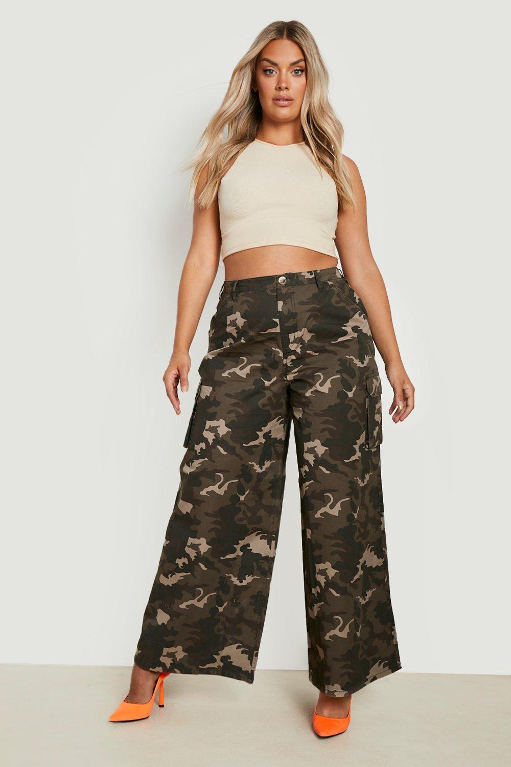 Plus Washed Camo Wide Leg Cargo Pants