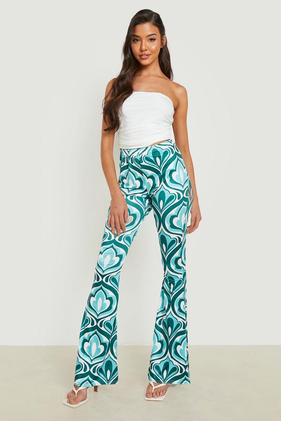 Teal Abstract High Waisted Flared Pants image number 1