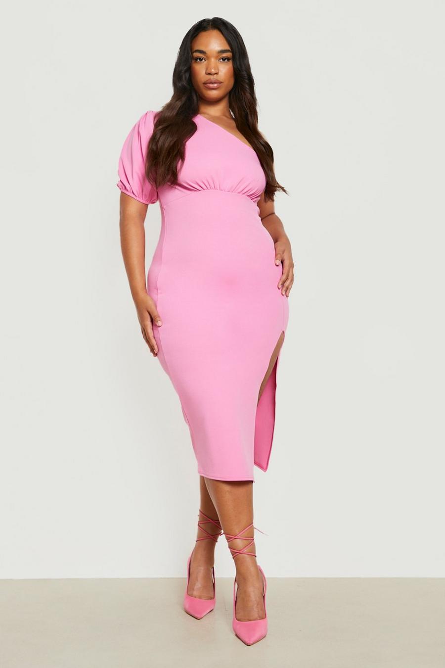 Pink Plus Asymmetric Ruched Split Midi Dress image number 1