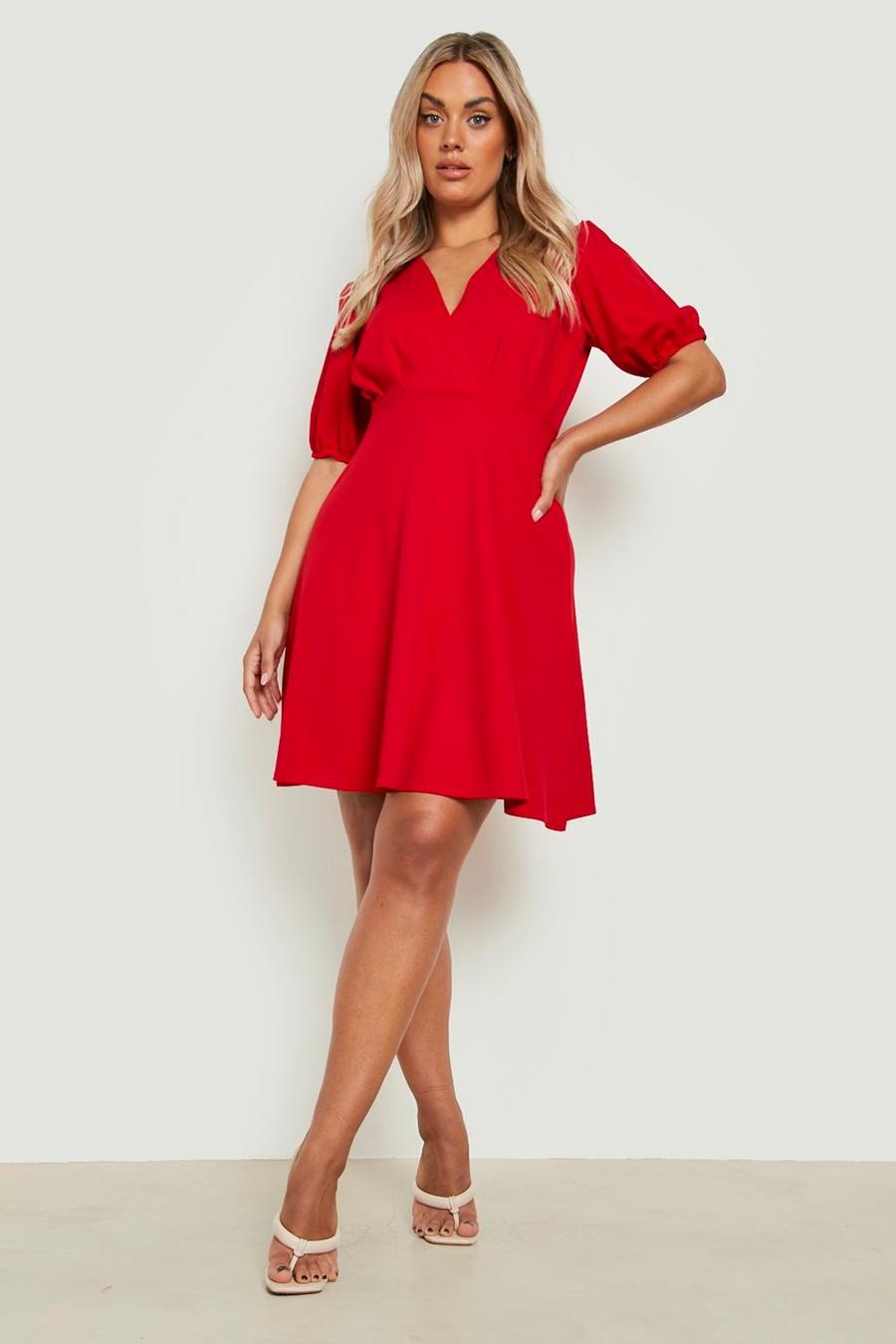 Red Plus Puff Sleeve Skater Dress image number 1