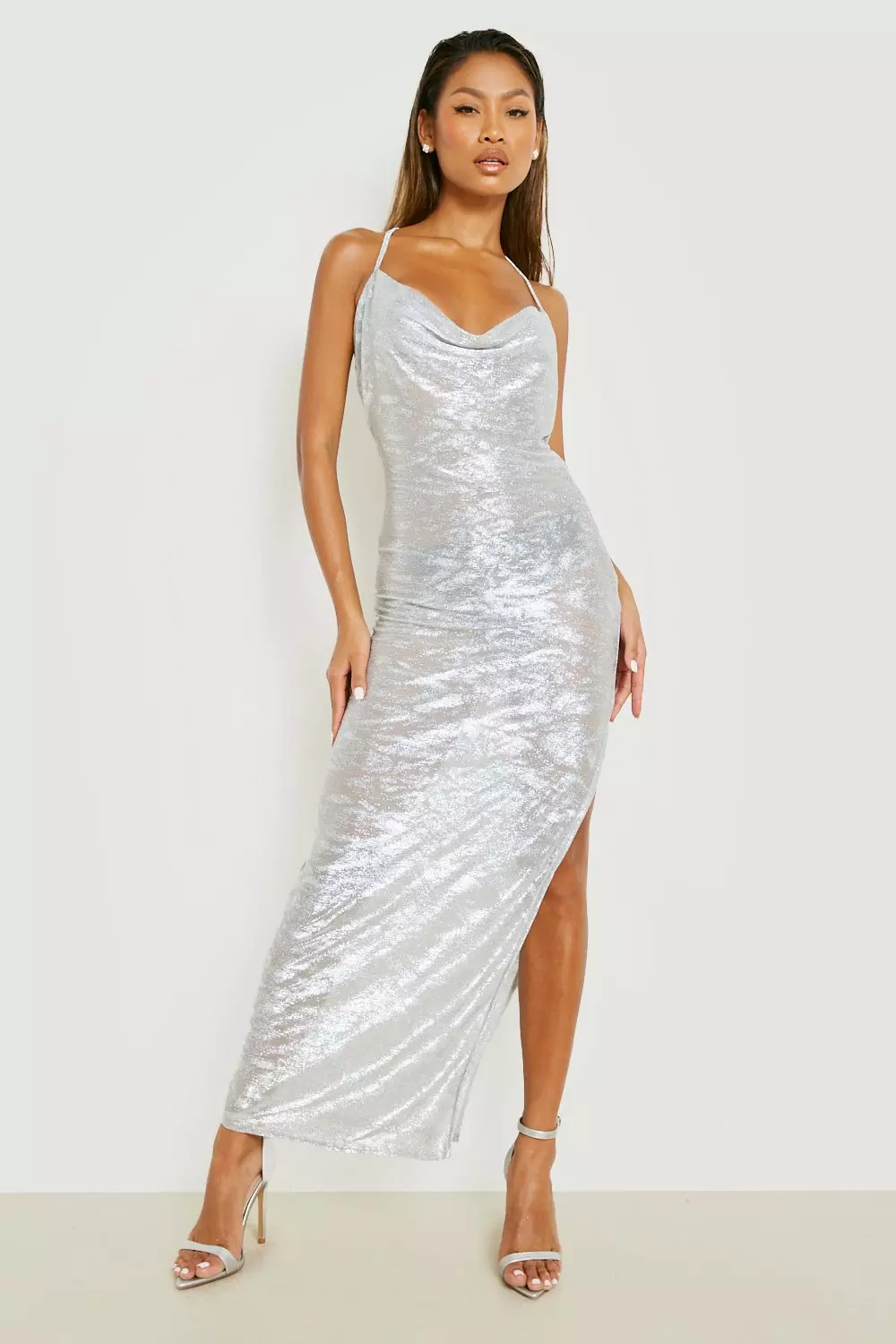 Silver Metallic Foil Texture Cowl Neck Maxi Dress alternative image