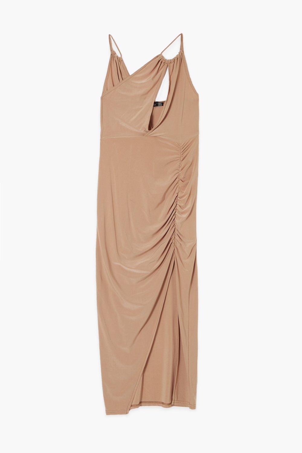 Beige Slinky Ruched Strappy Dress