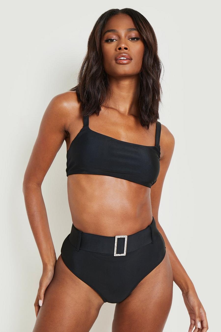 Set bikini a vita alta con strass e cintura & top con scollo rotondo, Black image number 1