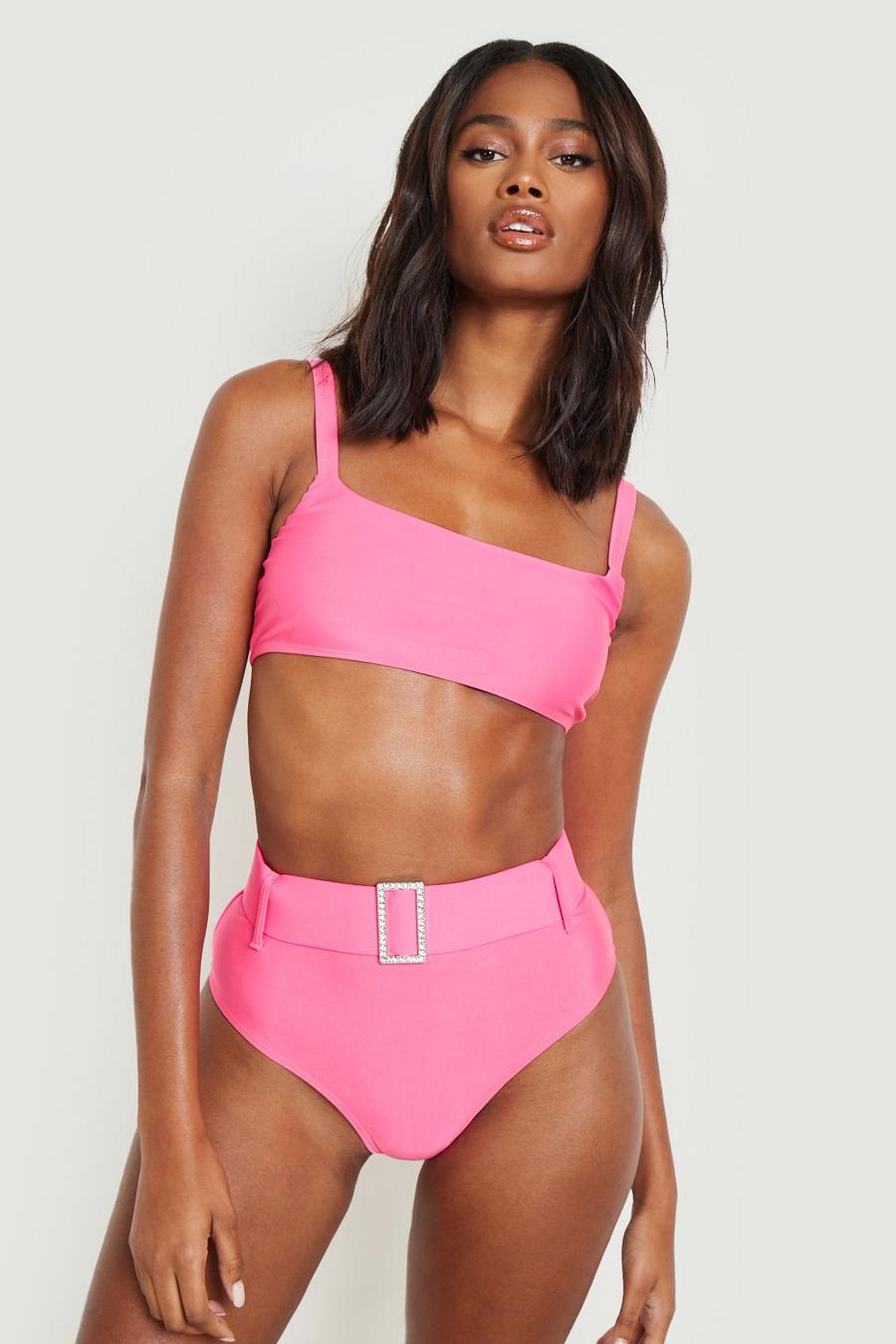 Set bikini a vita alta con strass e cintura & top con scollo rotondo, Pink rosa