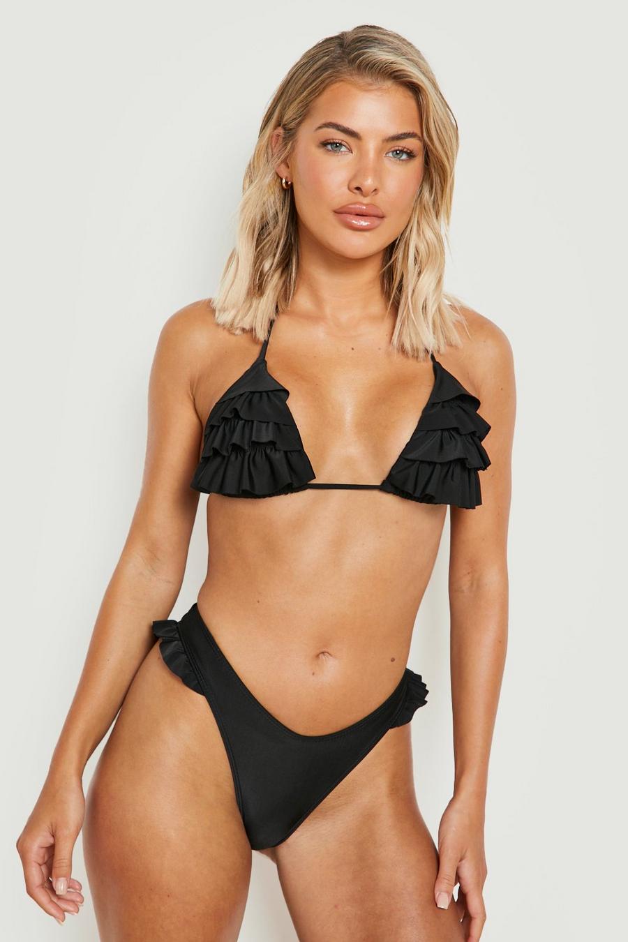 Set bikini a triangolo stile Hipster con arricciature, Black image number 1