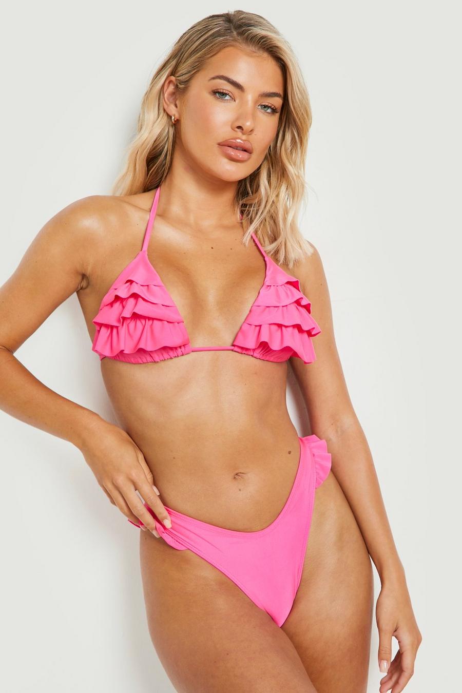 Bikini à volants avec haut triangle et bas échancré, Pink image number 1
