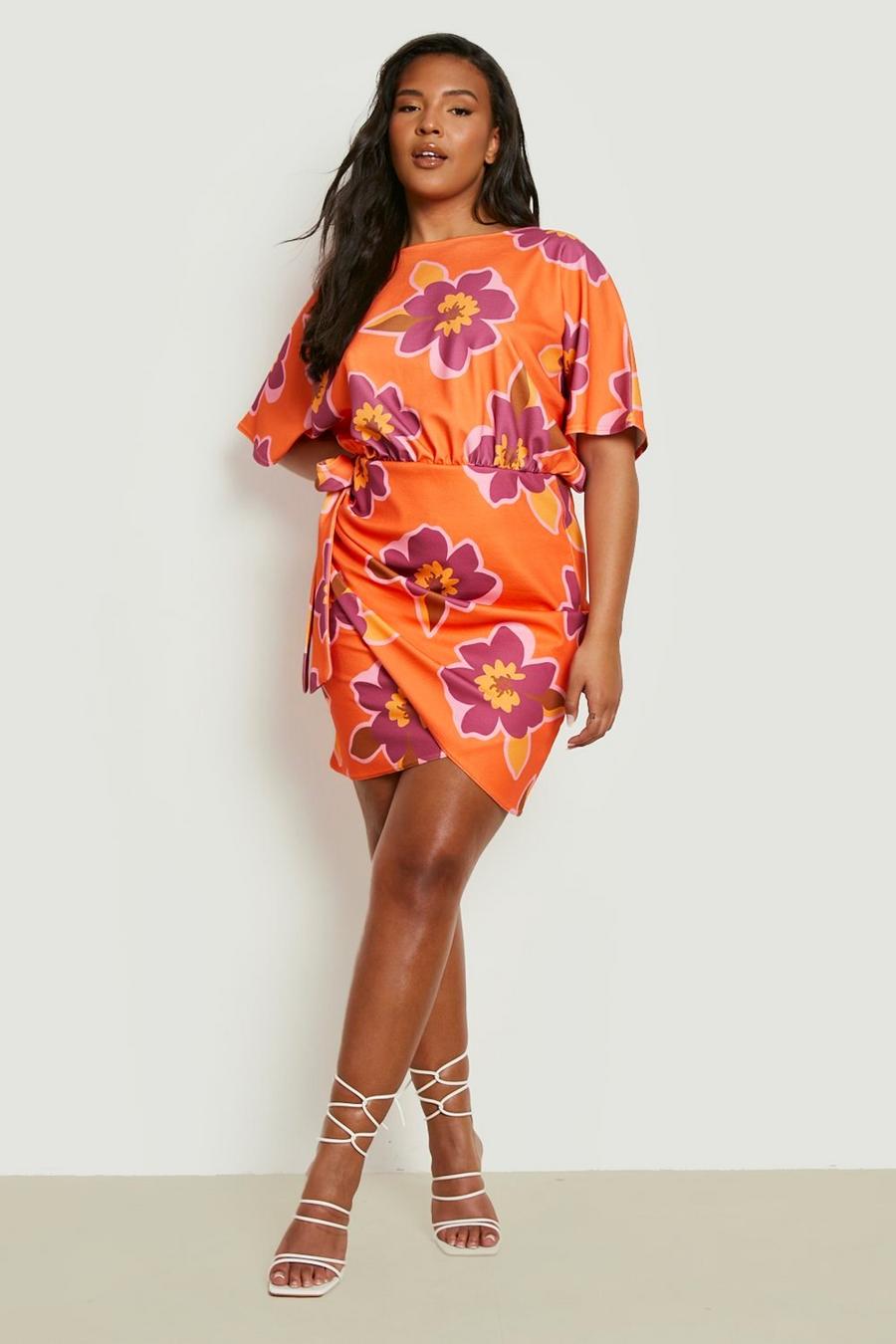 Orange Plus Floral Wrap Mini Dress image number 1