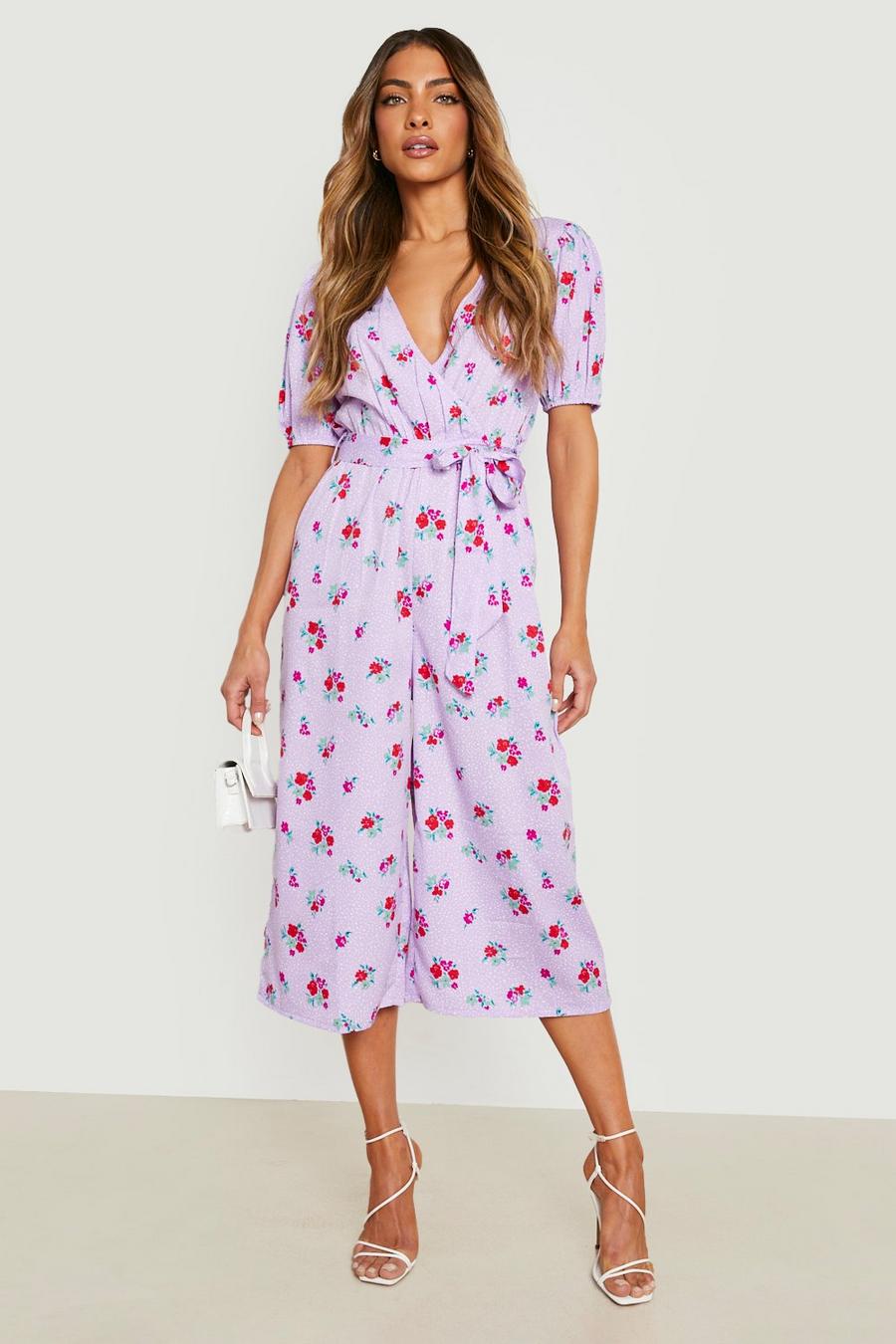 Lilac Floral Wrap Puff Sleeve Culotte Jumpsuit image number 1
