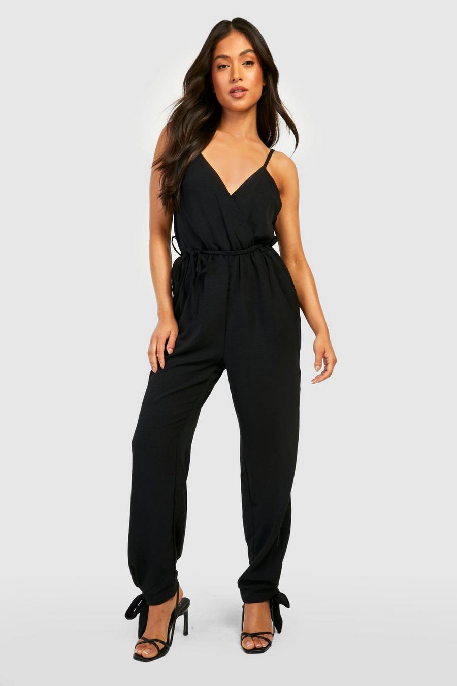 Black Petite Belted Tie Cuff Strappy Jumpsuit image number 1