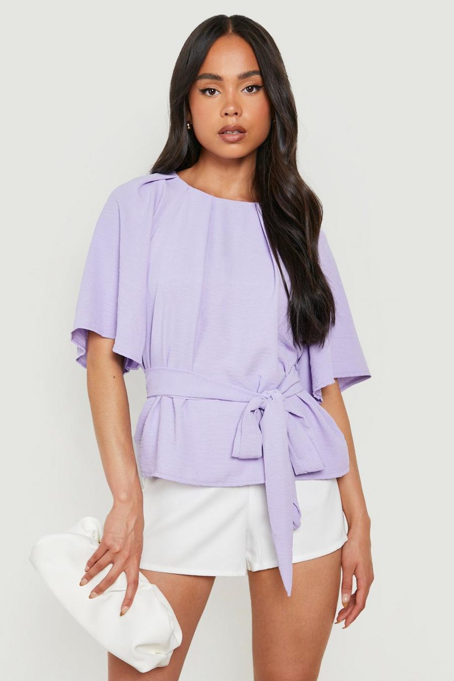 Lilac purple Petite Belted Woven Angel Sleeve Shift Dress