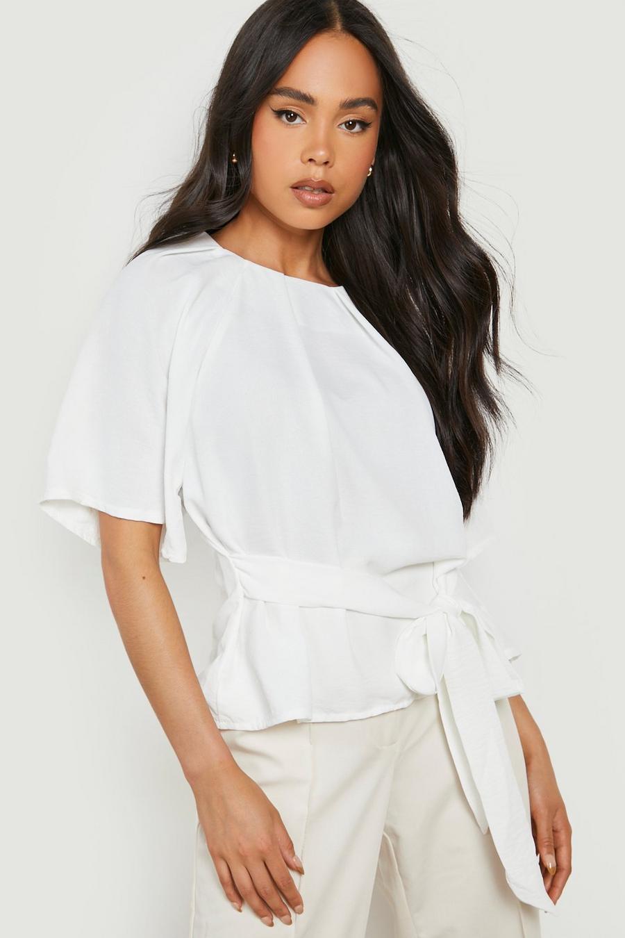 White Petite Belted Woven Angel Sleeve Top image number 1