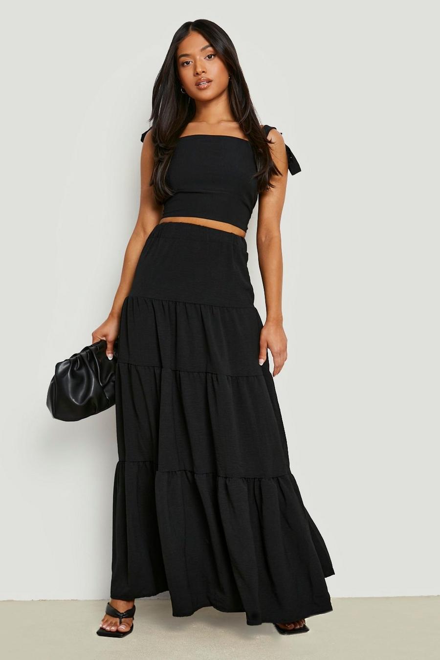 Black Petite Textured Woven Tiered Maxi Skirt  image number 1