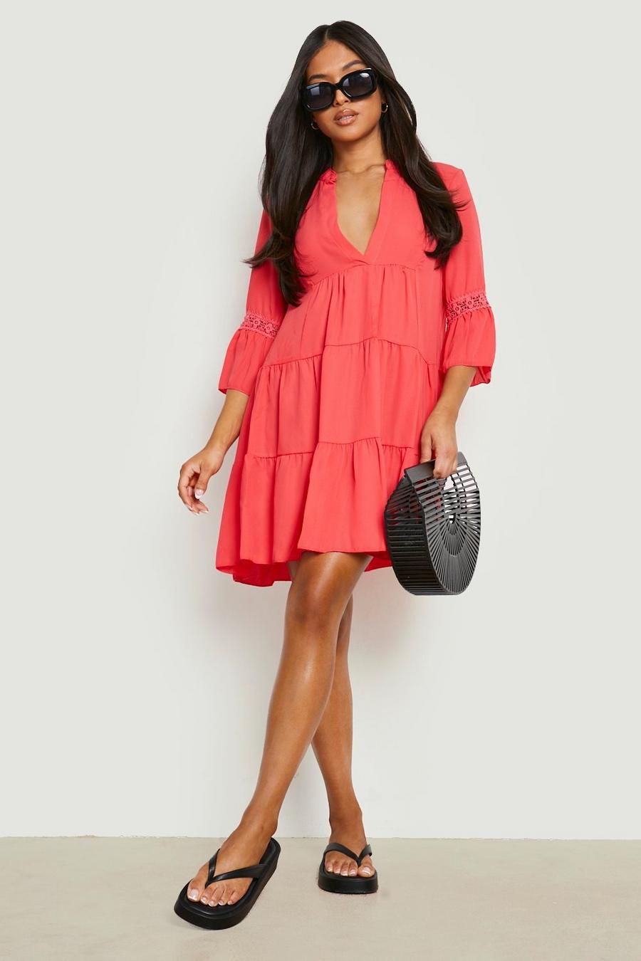 Coral Petite Textured Woven Smock Dress image number 1