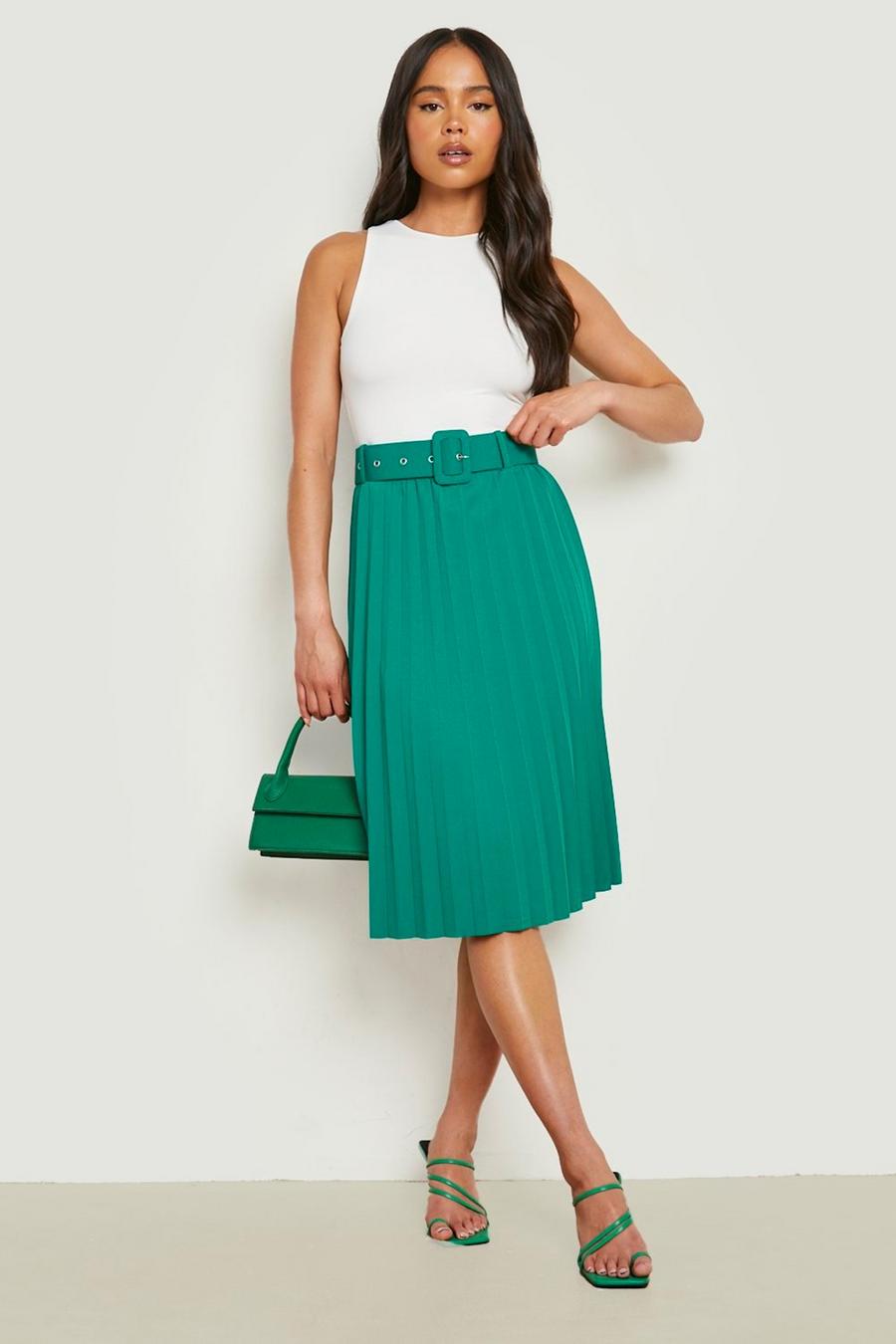 Green Petite Belted Pleated Midi Skirt 