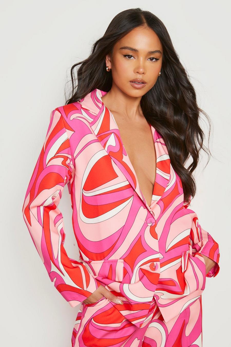 Pink Petite Abstract Print Oversized Blazer image number 1