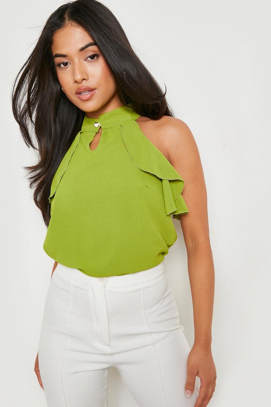Bright green Petite Woven High Neck Ruffle Top image number 1