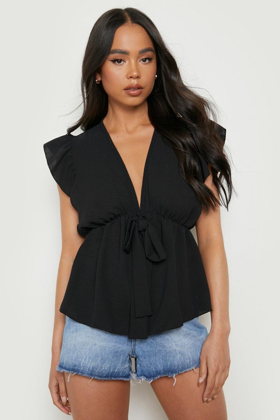 Black Petite Woven Tie Front Ruffle Top image number 1