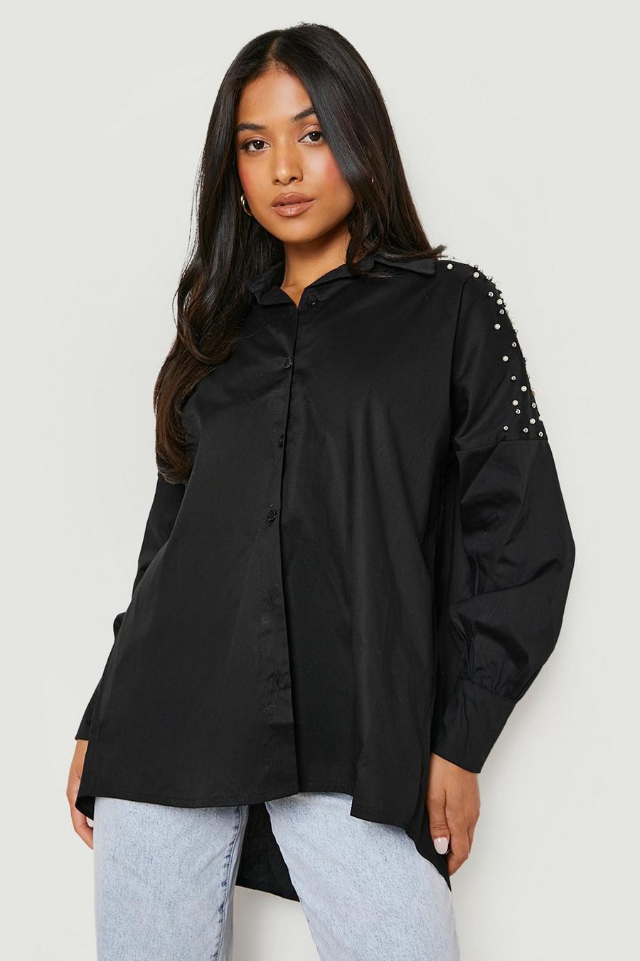 Black Petite Embellished Shoulder Oversized Shirt image number 1
