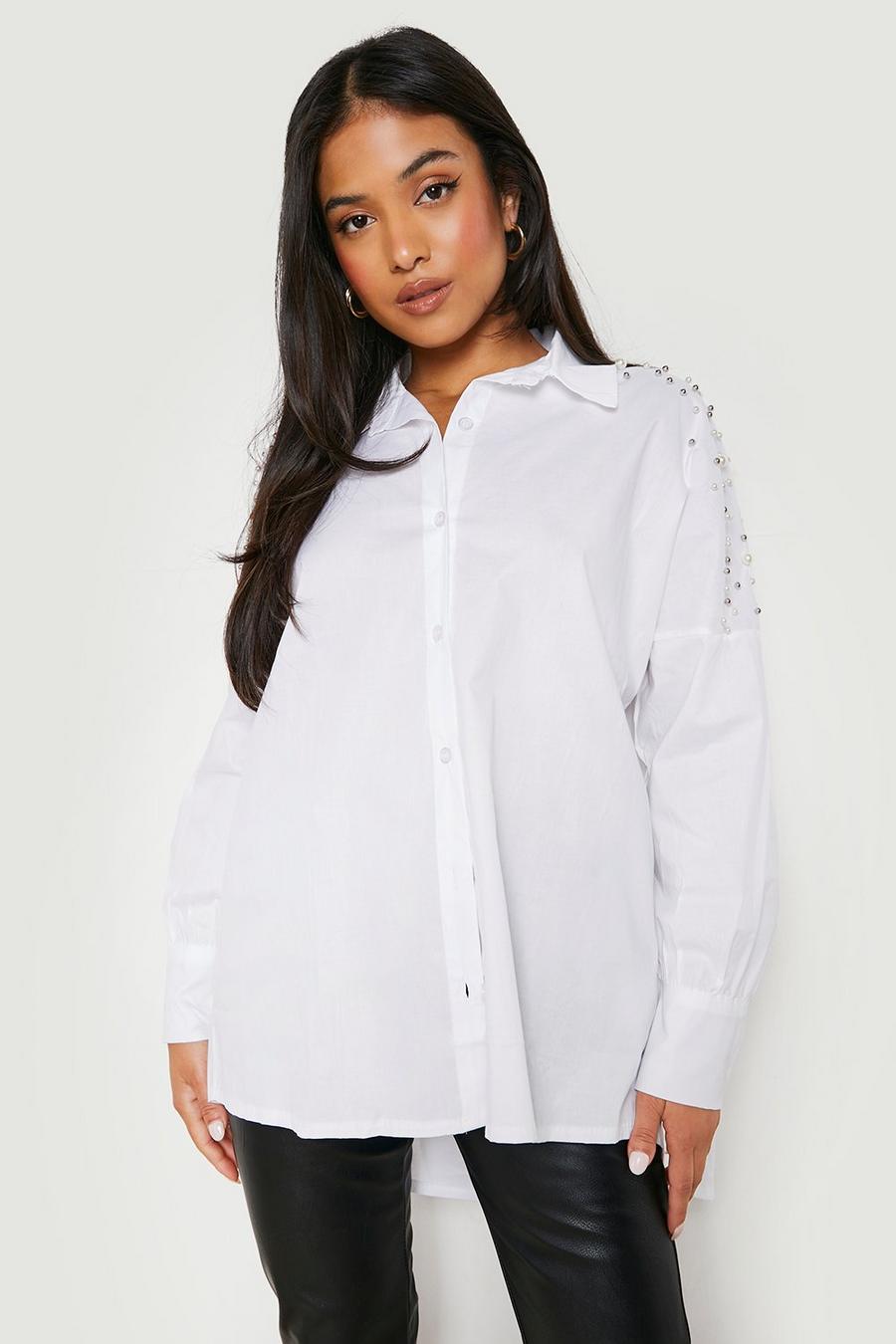 White Petite Embellished Shoulder Oversized Shirt image number 1