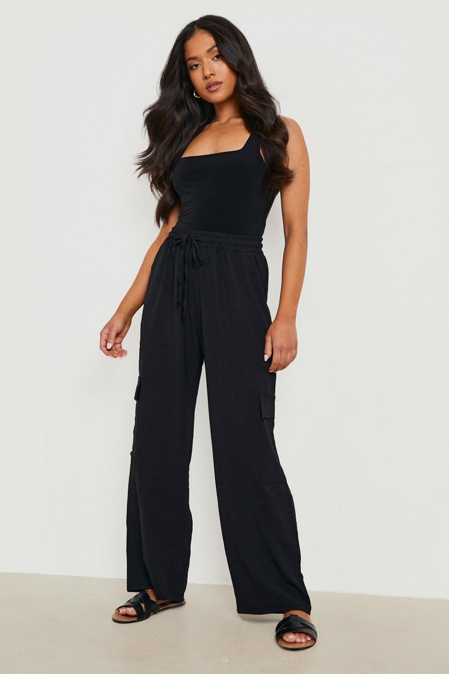 Black Petite Textured Cargo Pocket Wide Leg Joggers image number 1