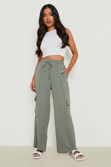 Petite Textured Cargo Pocket Wide Leg Joggers khaki
