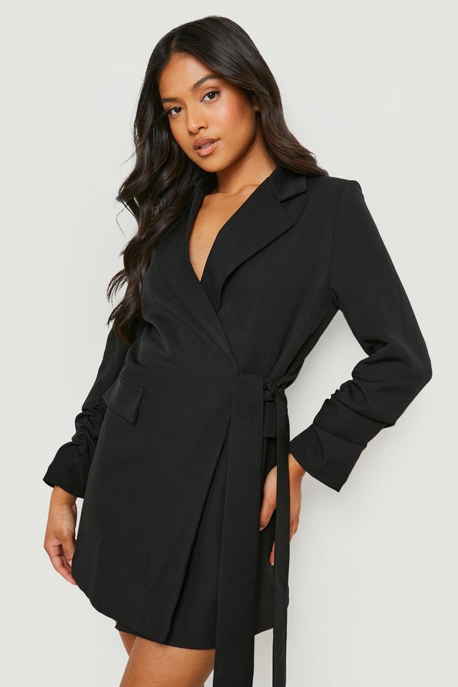 Black Petite Ruched Sleeve Wrap Blazer Dress image number 1