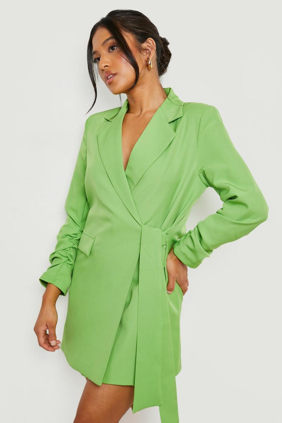 Lime Petite Ruched Sleeve Wrap Blazer Dress image number 1