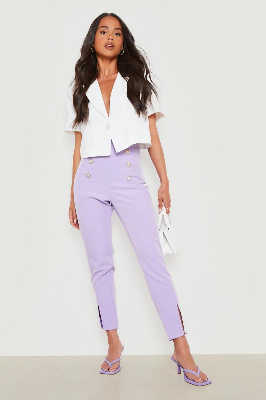 Lilac purple Petite Gold Button Seam Detail Trouser 